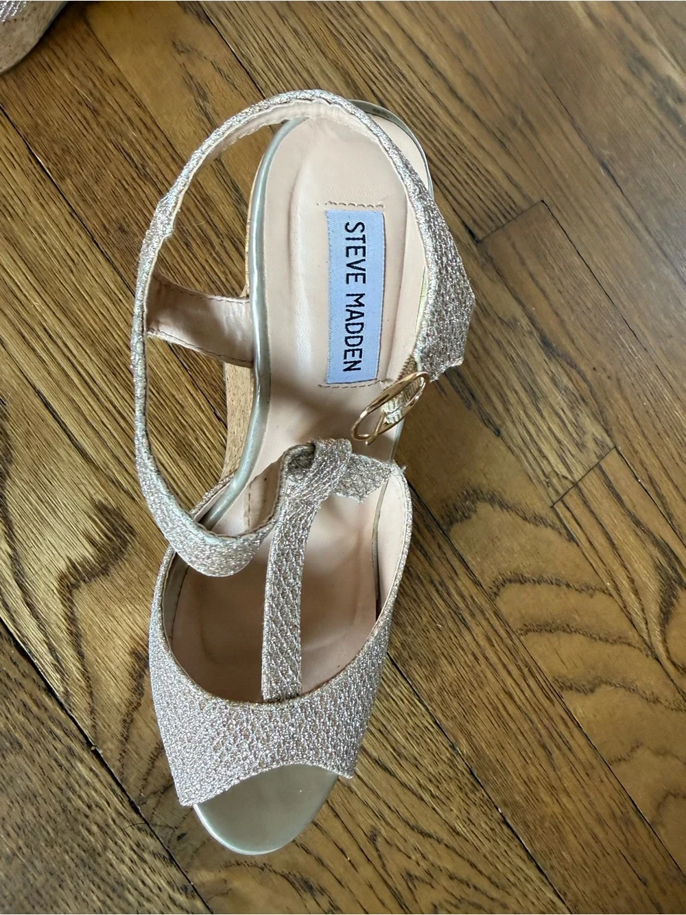 Steve Madden Champagne Glitter Cork Wedge Sandals 6 inche wedges